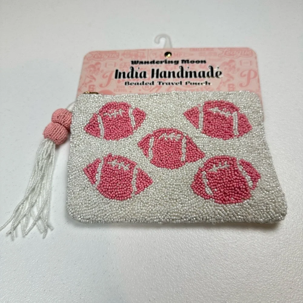 India Handmade in Wandering Moon Beaded Pouch Bag‎ Football White/Pink Game Day
